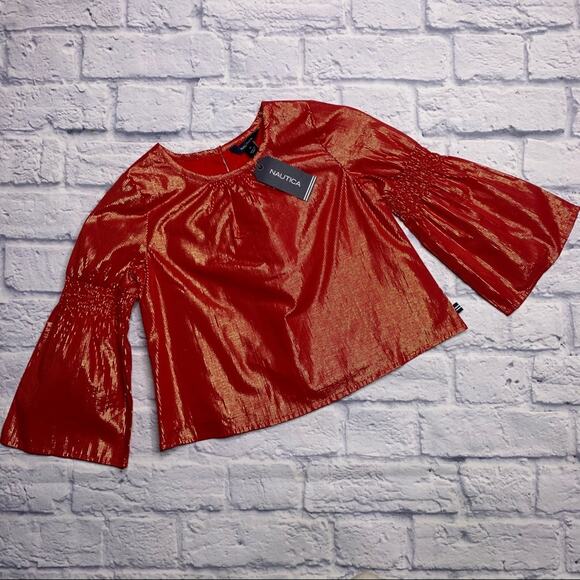 NEW Nautica Blouse, Flare Bell Sleeve, Red/Metallic Gold Stripes - Picture 1 of 10